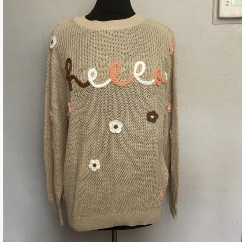 8-2 Beige Sweater Hello Embroidered Floral Fall Large